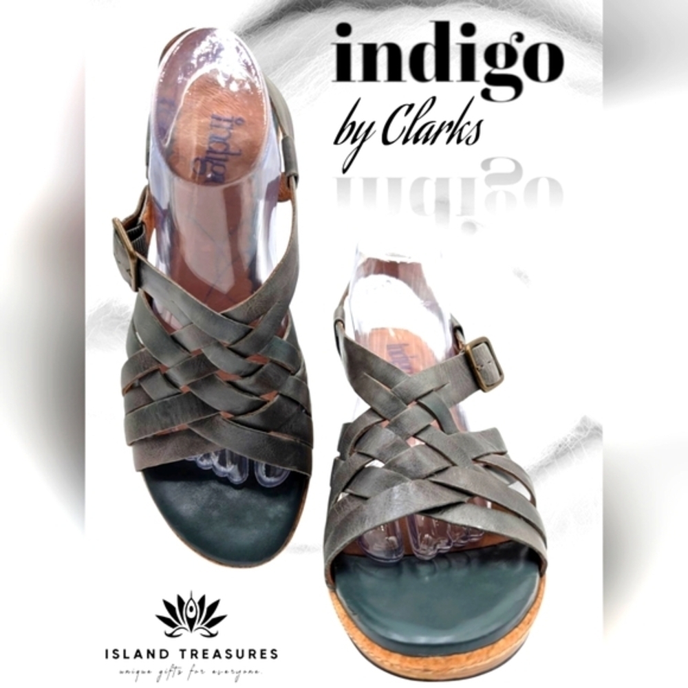 Indigo By Clarks Grey Leather Ankle Strap Cork Wedge Sandals Women’s 12M